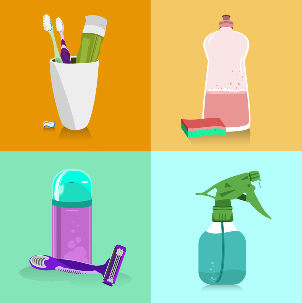 various household objects like toothbrushes dishsoap shaving ste and spray bottle